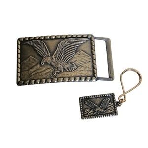Vintage Brass Eagle Men Engraved Belt Buckle & Keychain Set Western Mountain USA